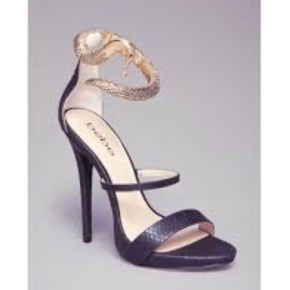 BEBE black sameena sandal with gold snake anklet high heel